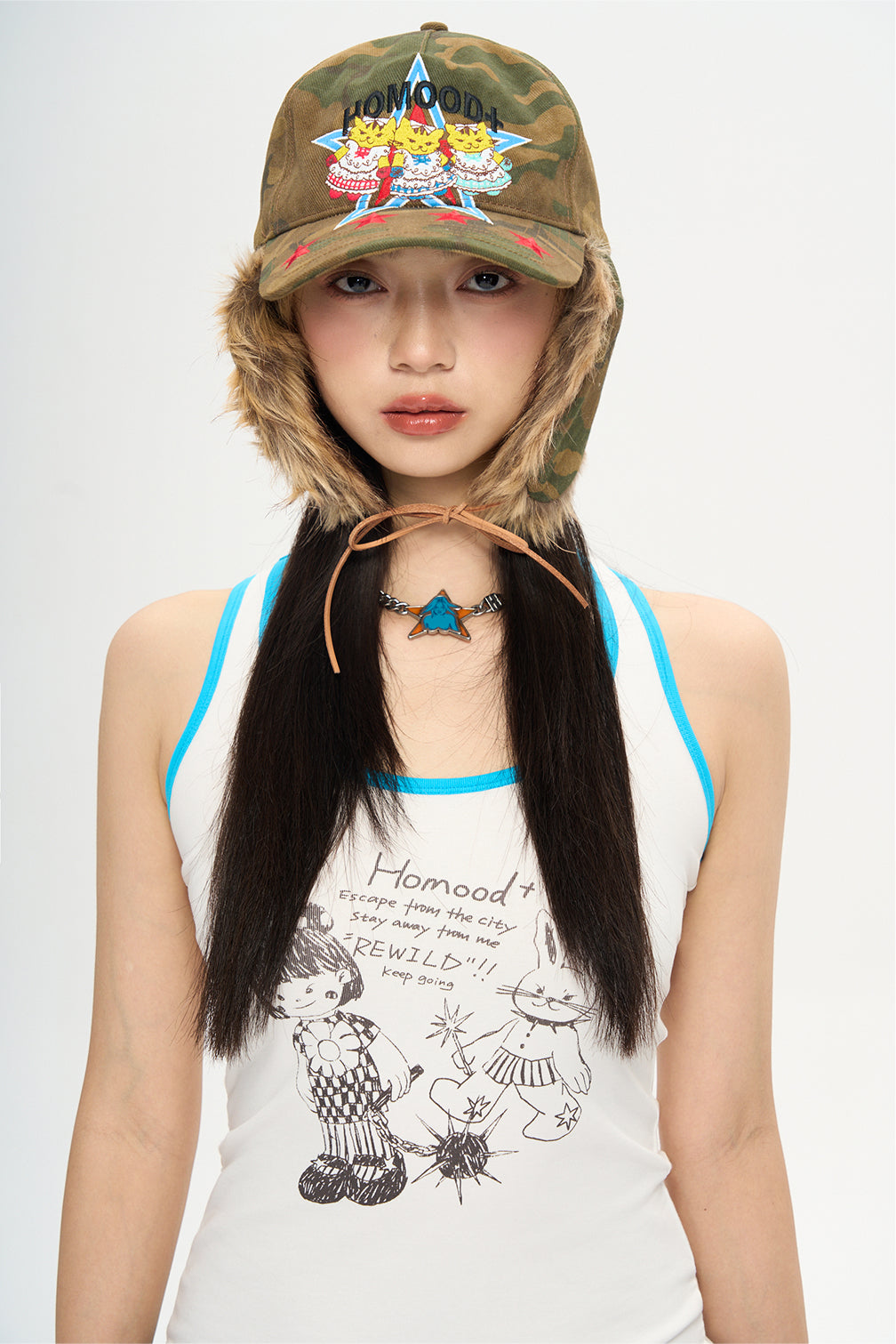 Camouflage Faux Fur Trim Baseball Cap Y2K Streetwear Hat