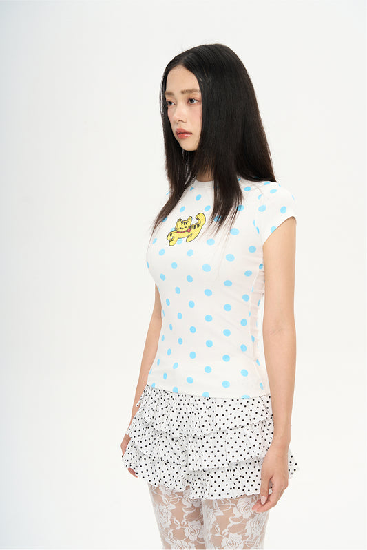 HoMood|Blue Polka Dot Cartoon Cat Y2K T-Shirt