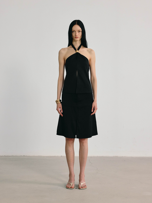 Black Halter Neck Brass Embellished Slit Top