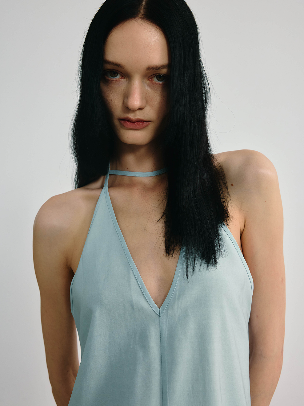 Sky Blue Acetate Irregular V-neck Sling