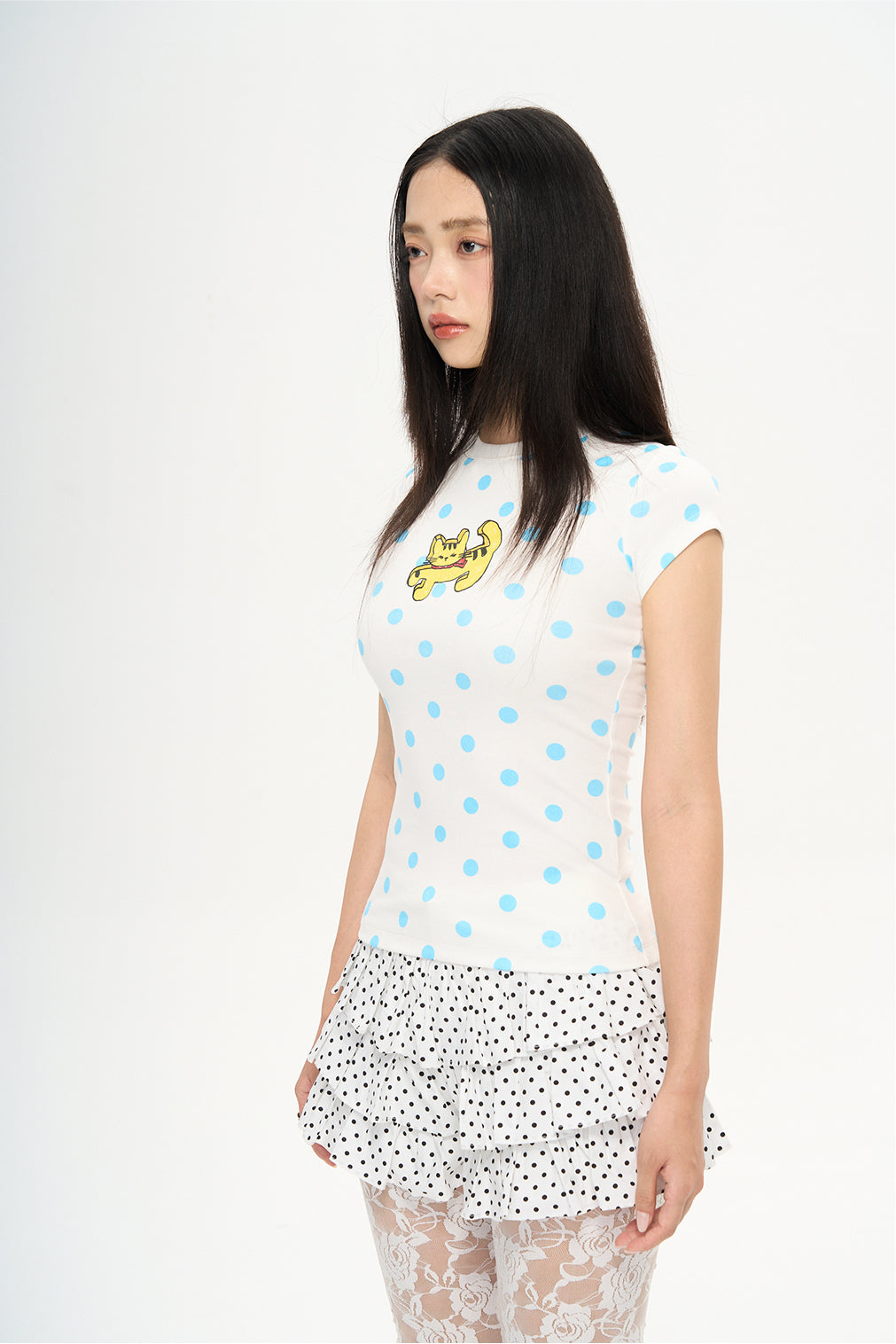 HoMood|Blue Polka Dot Cartoon Cat Y2K T-Shirt