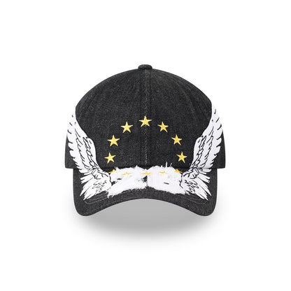 HoMood|Streetwear Wing Graphic Baseball Cap – Vintage Grey Hat with Stars and Number Print