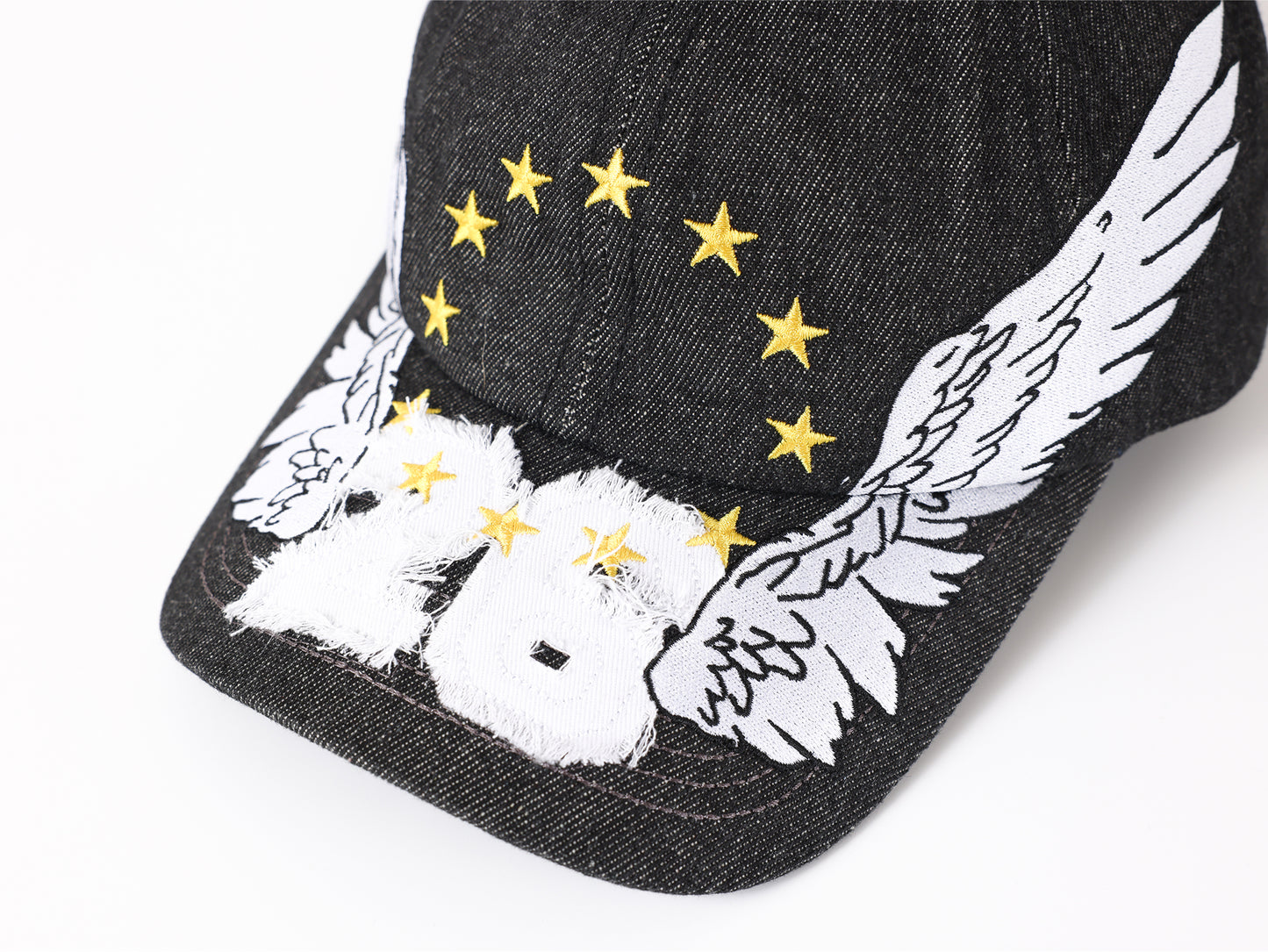 HoMood|Streetwear Wing Graphic Baseball Cap – Vintage Grey Hat with Stars and Number Print