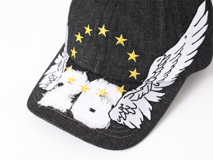 HoMood|Streetwear Wing Graphic Baseball Cap – Vintage Grey Hat with Stars and Number Print