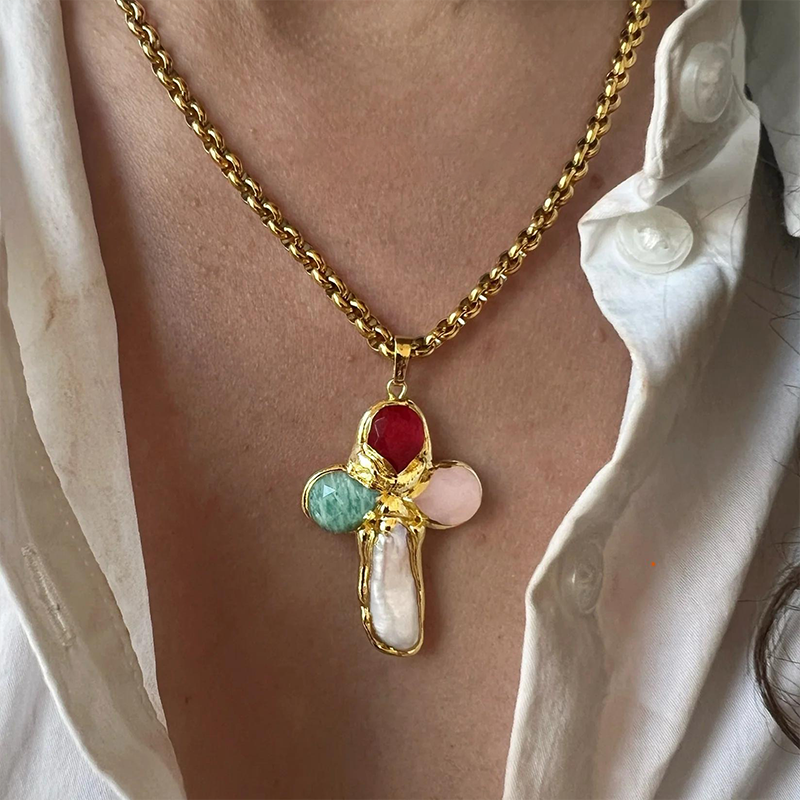 Enamel Cross Pendant Necklace – Colorful INS Style Trendy Jewelry for Men & Women