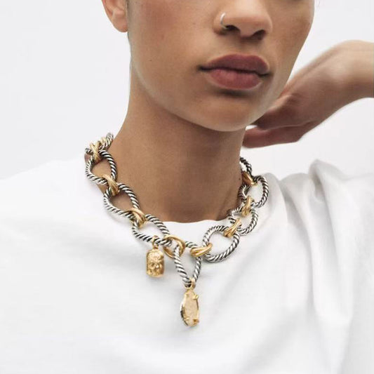 Vintage Coin Pendant Necklace – Handmade Chunky Chain Choker, Statement Mixed-Link Jewelry for Women