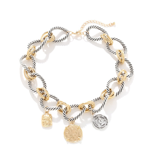 Vintage Coin Pendant Necklace – Handmade Chunky Chain Choker, Statement Mixed-Link Jewelry for Women