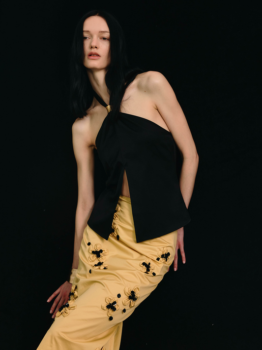 Black Halter Neck Brass Embellished Slit Top