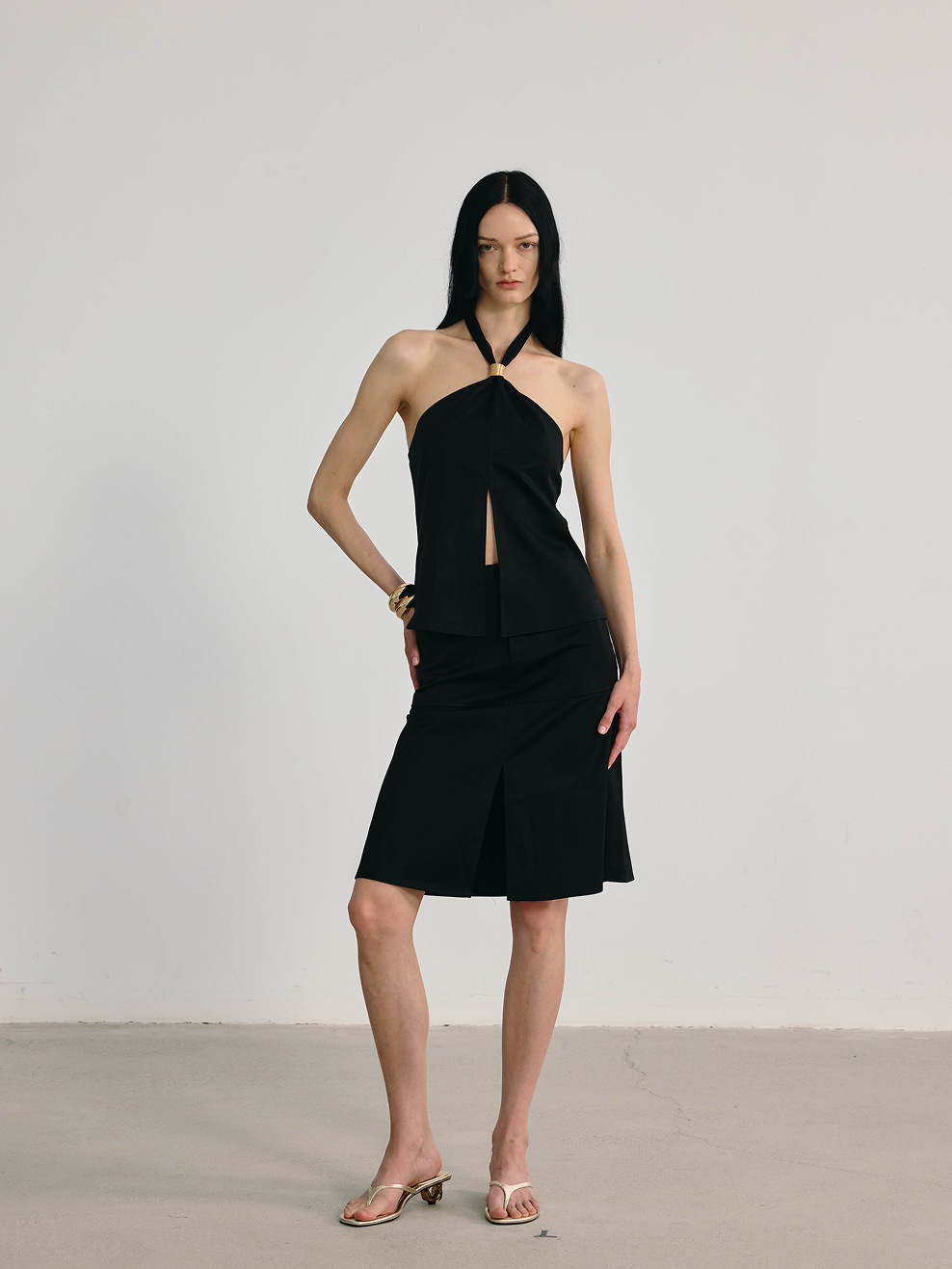 Black Halter Neck Brass Embellished Slit Top