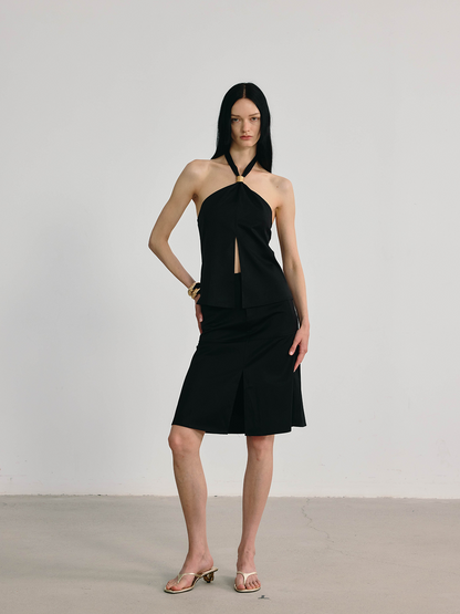 Black Halter Neck Brass Embellished Slit Top