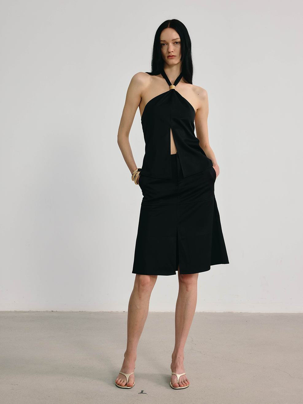 Black Halter Neck Brass Embellished Slit Top