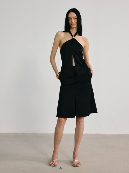 Black Halter Neck Brass Embellished Slit Top